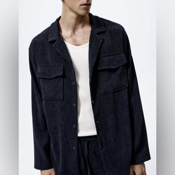 ZARA Man Large Navy Blue Relaxed Fit Corduroy Suit Button Down Shirt Shacket - Picture 10 of 16
